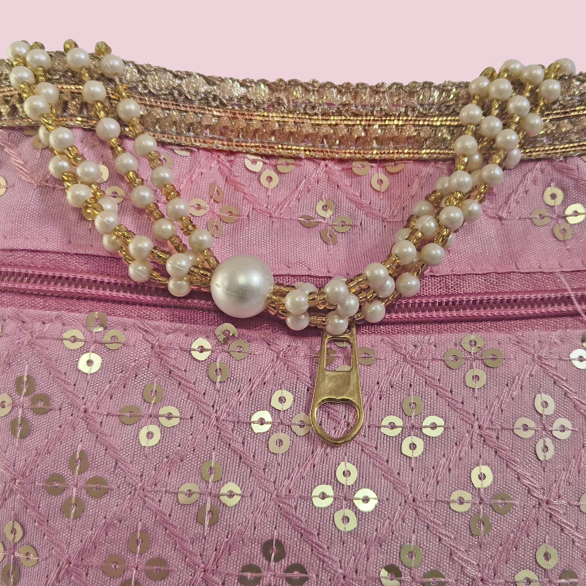 Silk Brocade Potli Bag with Pearl Border & Beaded Handles