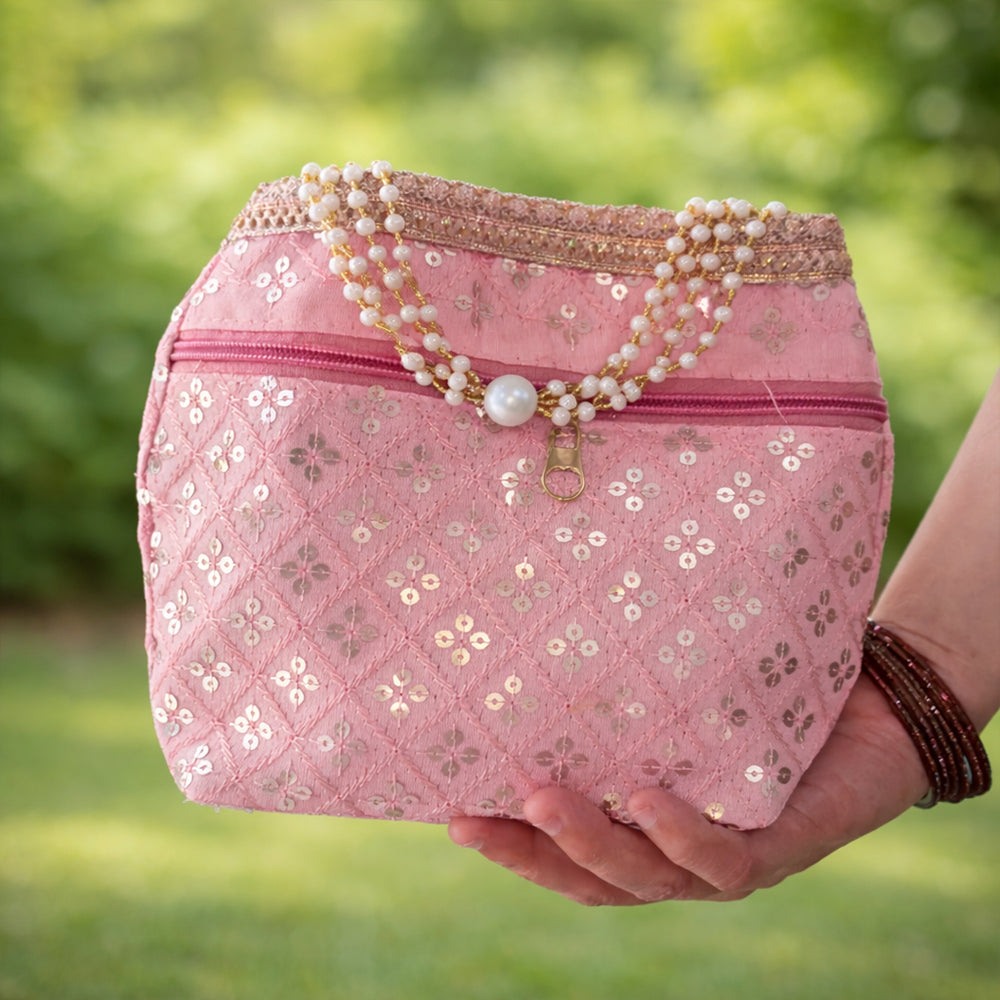 Silk Brocade Potli Bag with Pearl Border & Beaded Handles