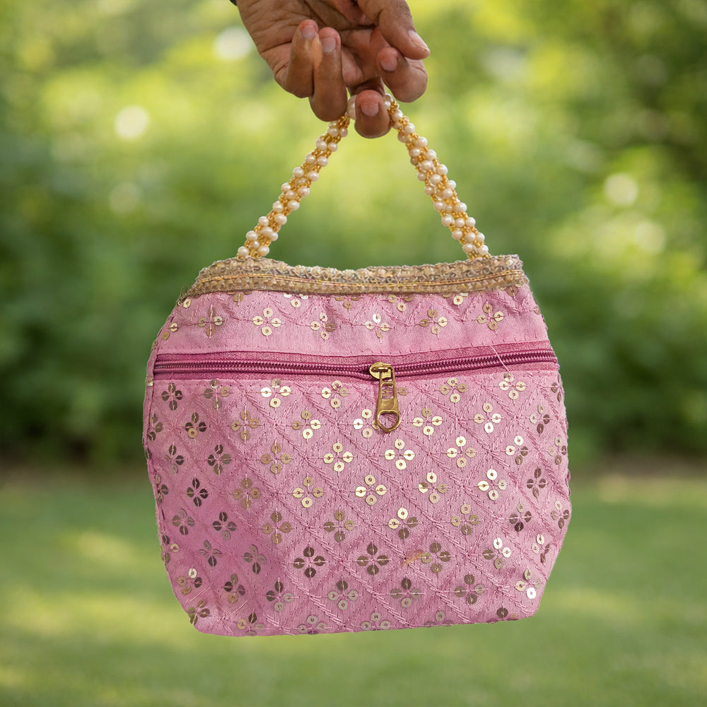 Silk Brocade Potli Bag with Pearl Border & Beaded Handles