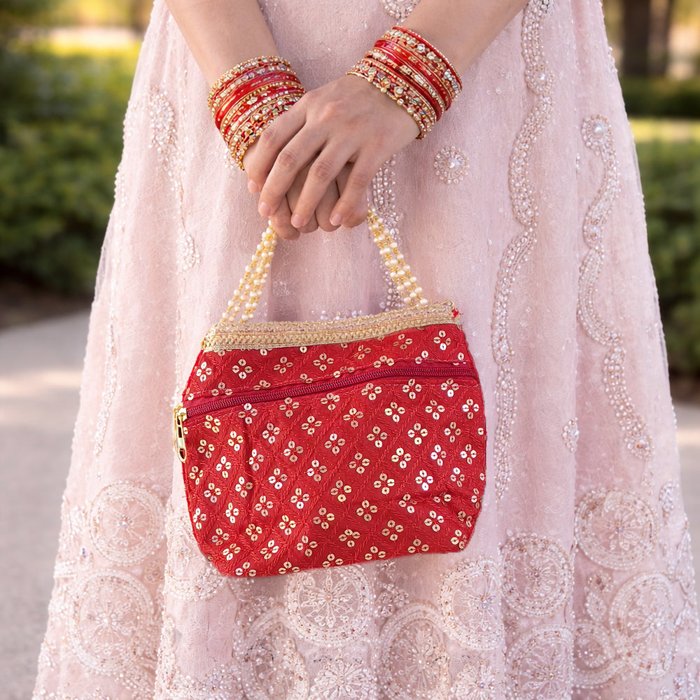 Luxurious Silk Brocade Potli Bag with Pearl Border and Drawstring