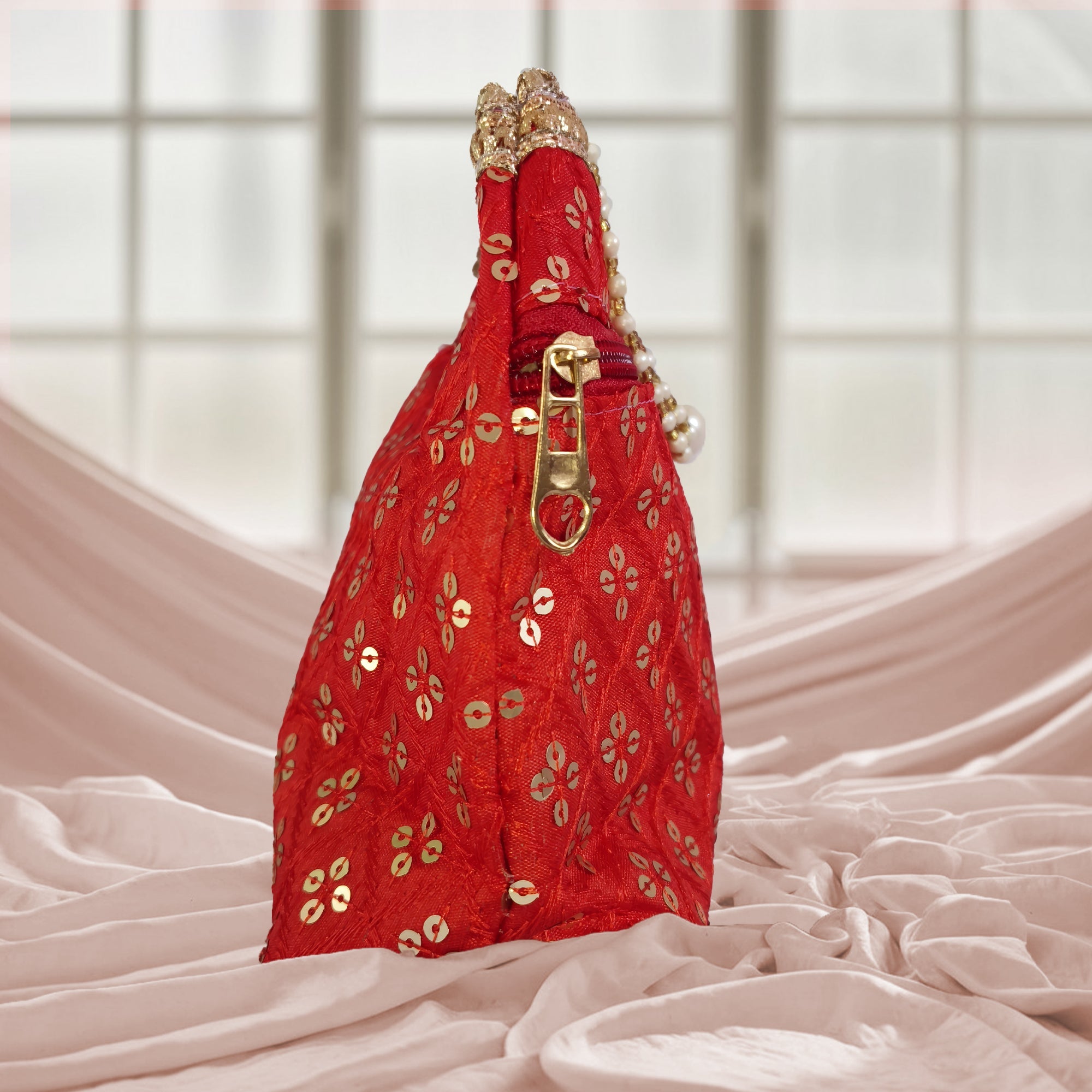 Luxurious Silk Brocade Potli Bag with Pearl Border and Drawstring