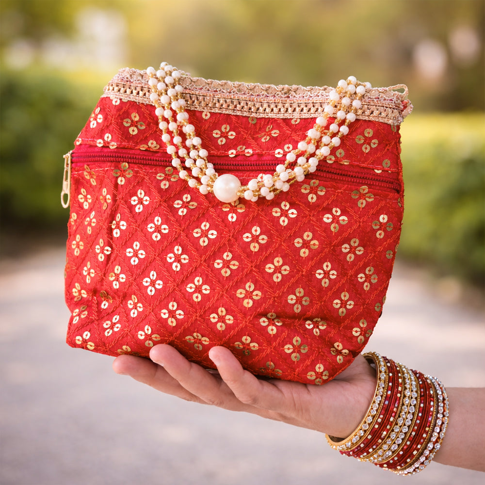 Luxurious Silk Brocade Potli Bag with Pearl Border and Drawstring