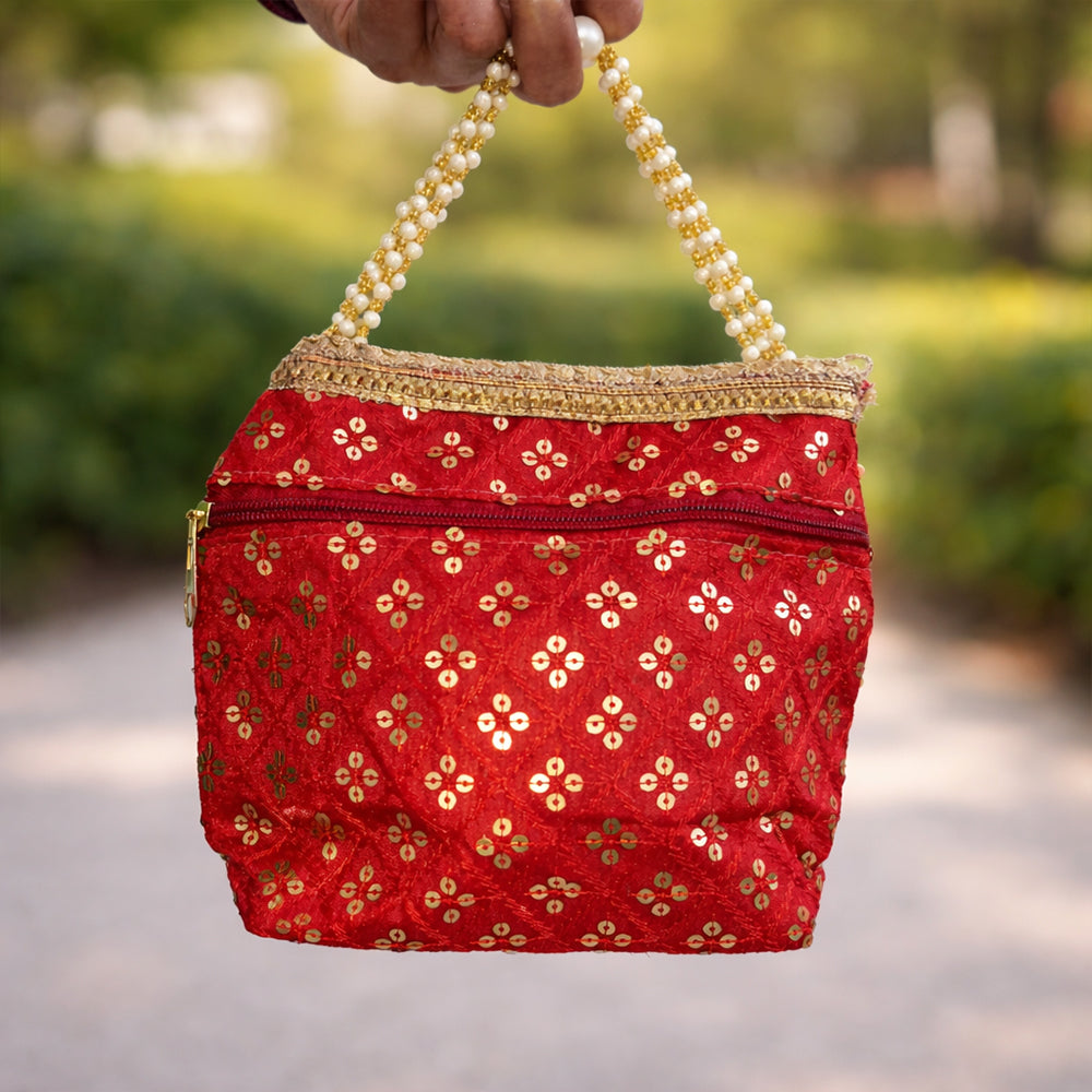 Luxurious Silk Brocade Potli Bag with Pearl Border and Drawstring
