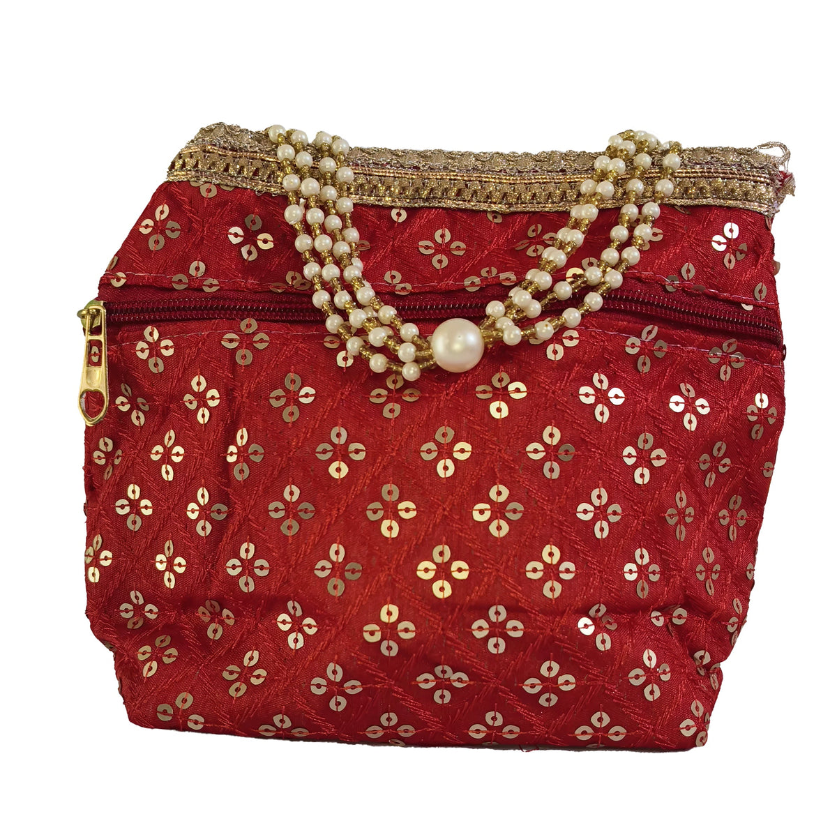 Luxurious Silk Brocade Potli Bag with Pearl Border and Drawstring
