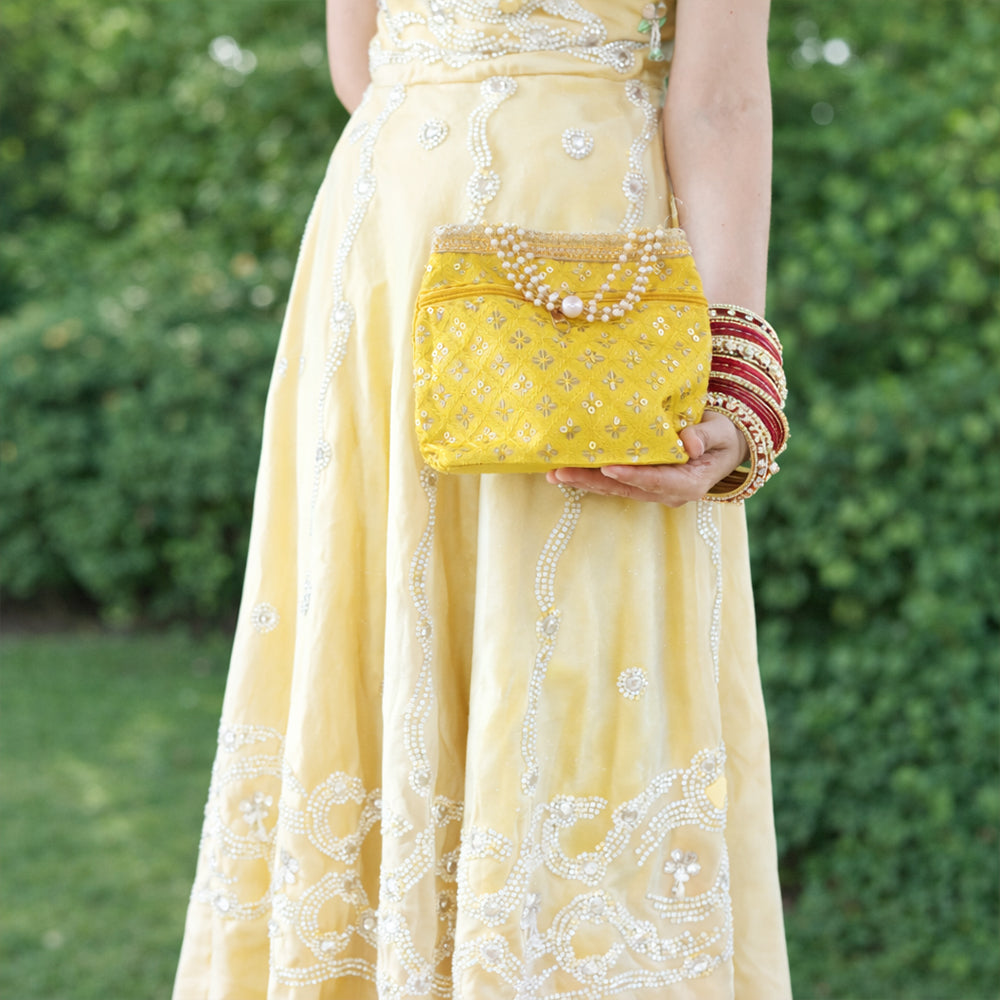Embroidered Silk Brocade Potli Bag with Pearl Border & Drawstring