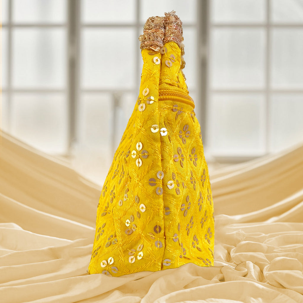 Embroidered Silk Brocade Potli Bag with Pearl Border & Drawstring
