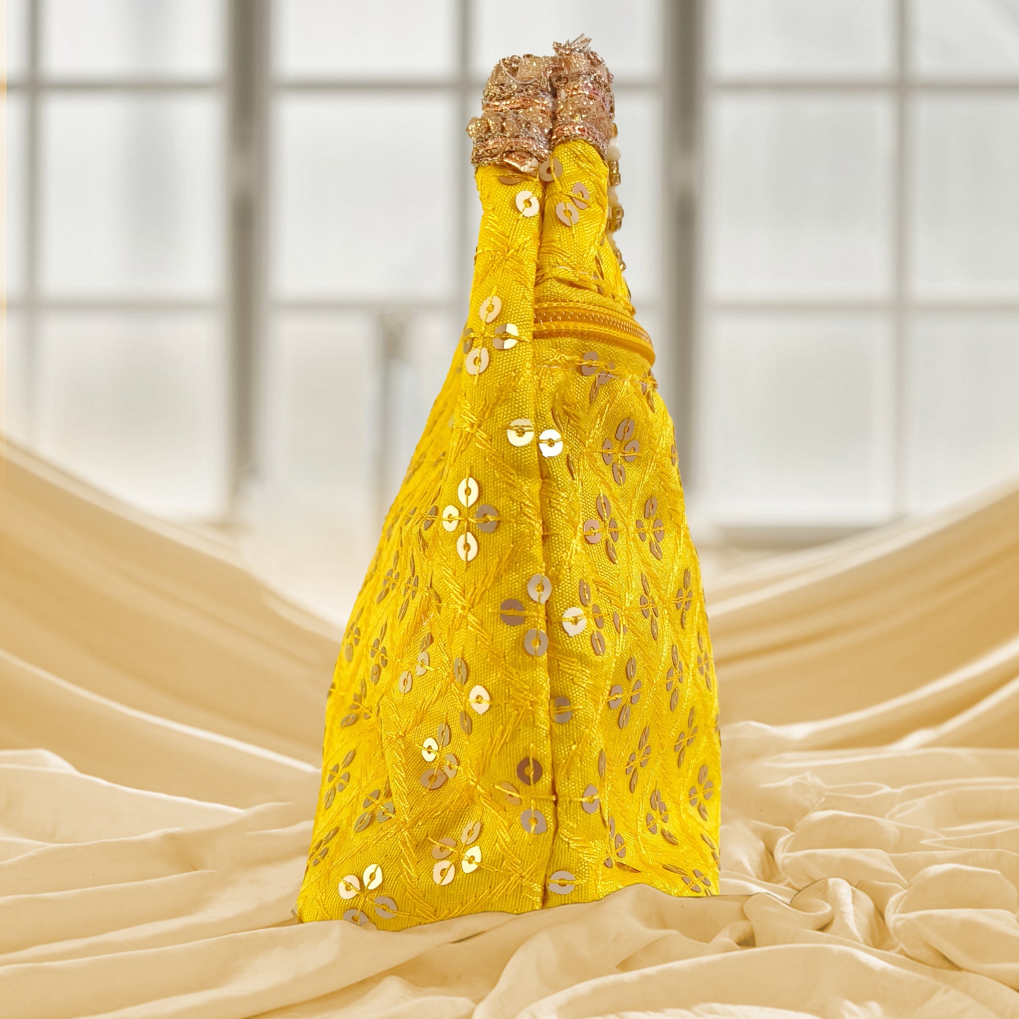 Embroidered Silk Brocade Potli Bag with Pearl Border & Drawstring