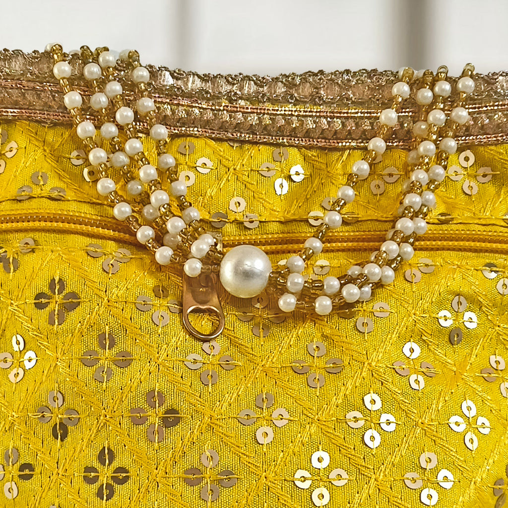 Embroidered Silk Brocade Potli Bag with Pearl Border & Drawstring