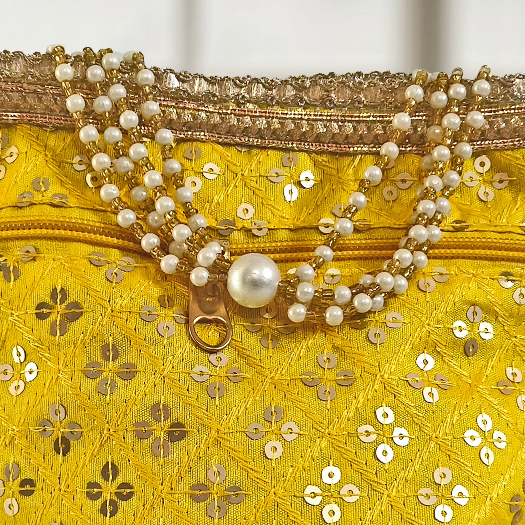 Embroidered Silk Brocade Potli Bag with Pearl Border & Drawstring