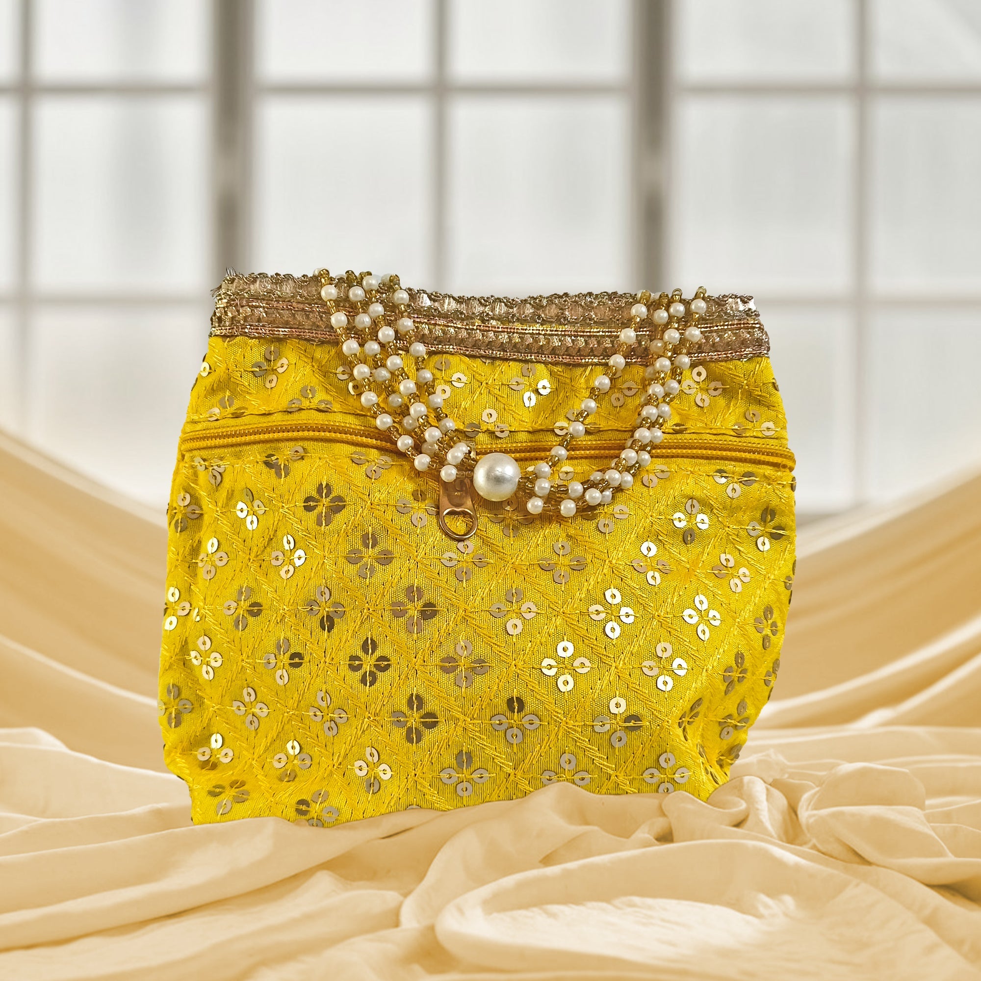 Embroidered Silk Brocade Potli Bag with Pearl Border & Drawstring