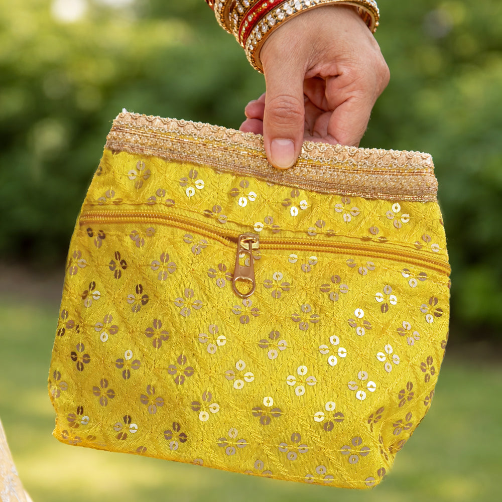 Embroidered Silk Brocade Potli Bag with Pearl Border & Drawstring