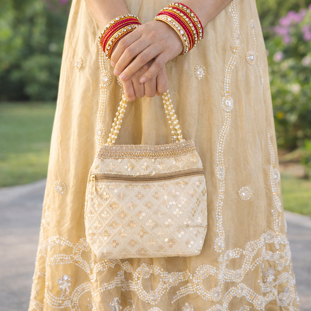Embroidered Silk Brocade Potli Bag with Pearl Border & Drawstring