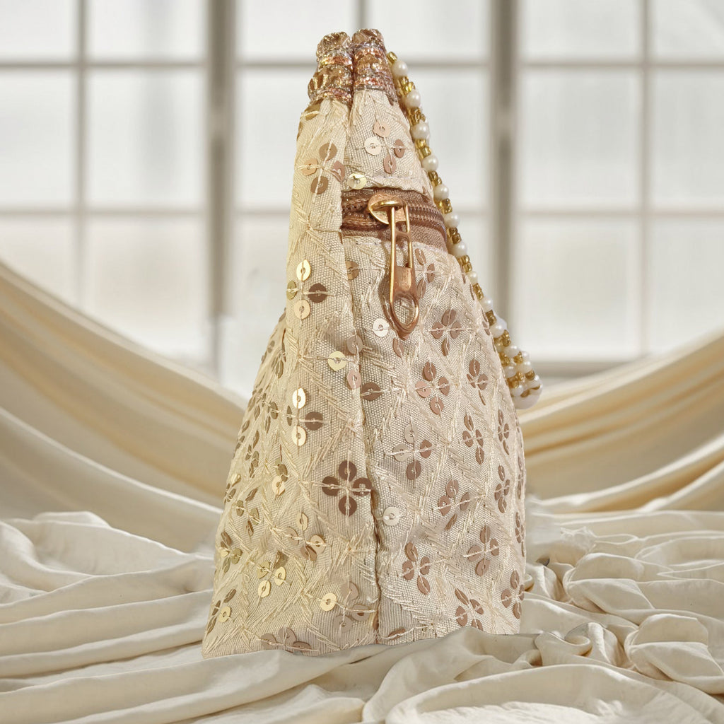 Embroidered Silk Brocade Potli Bag with Pearl Border & Drawstring