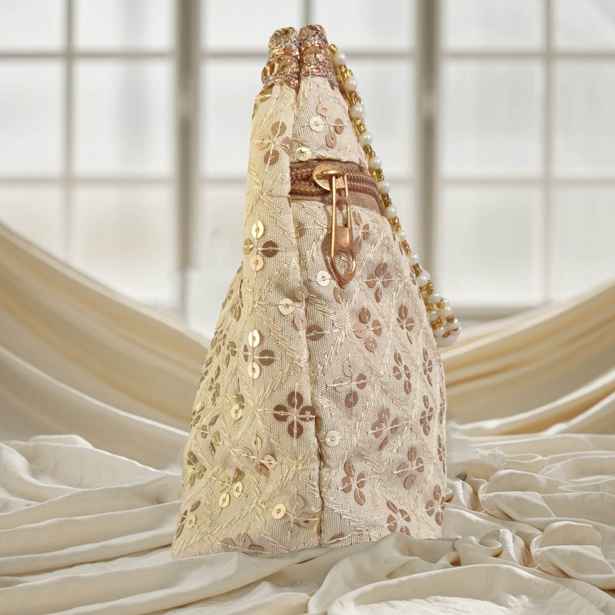 Embroidered Silk Brocade Potli Bag with Pearl Border & Drawstring