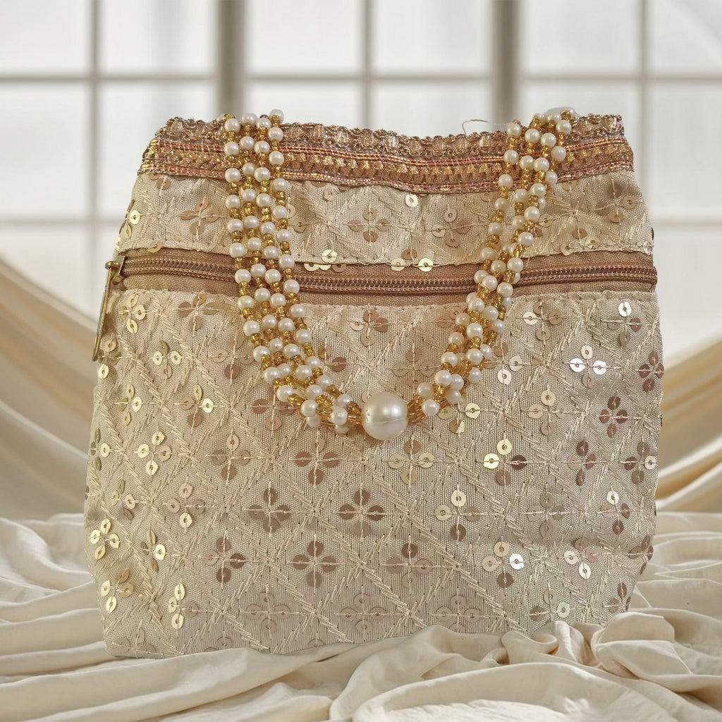 Embroidered Silk Brocade Potli Bag with Pearl Border & Drawstring