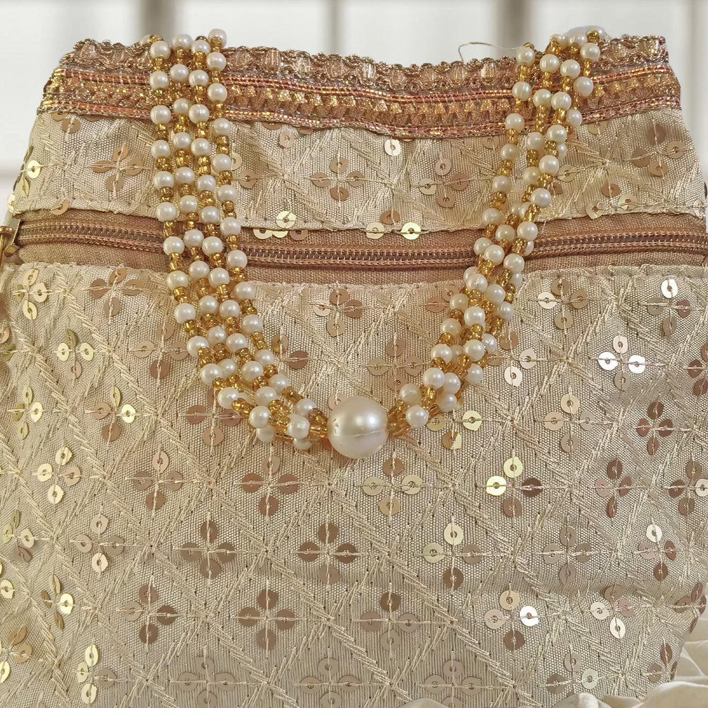 Embroidered Silk Brocade Potli Bag with Pearl Border & Drawstring