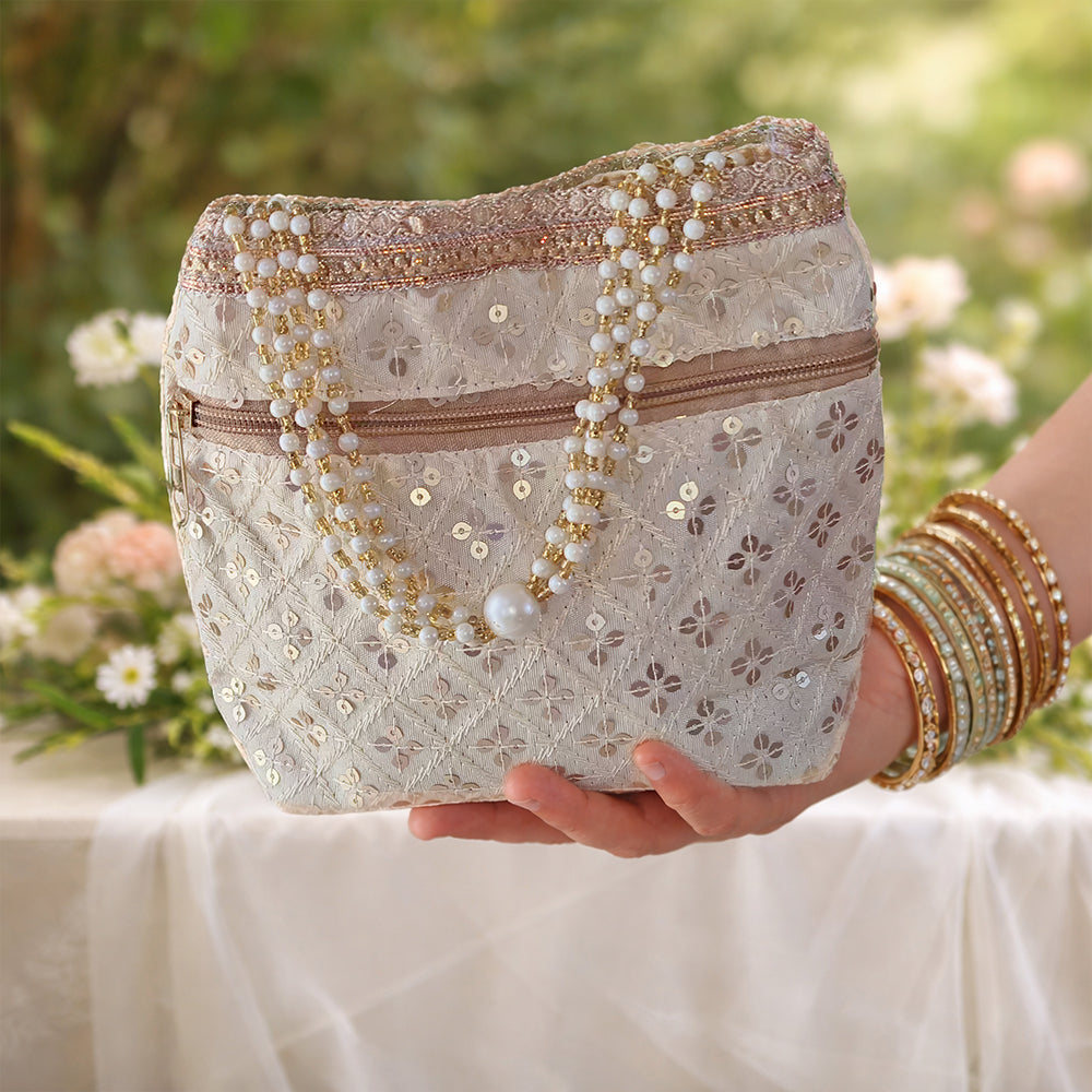 Embroidered Silk Brocade Potli Bag with Pearl Border & Drawstring