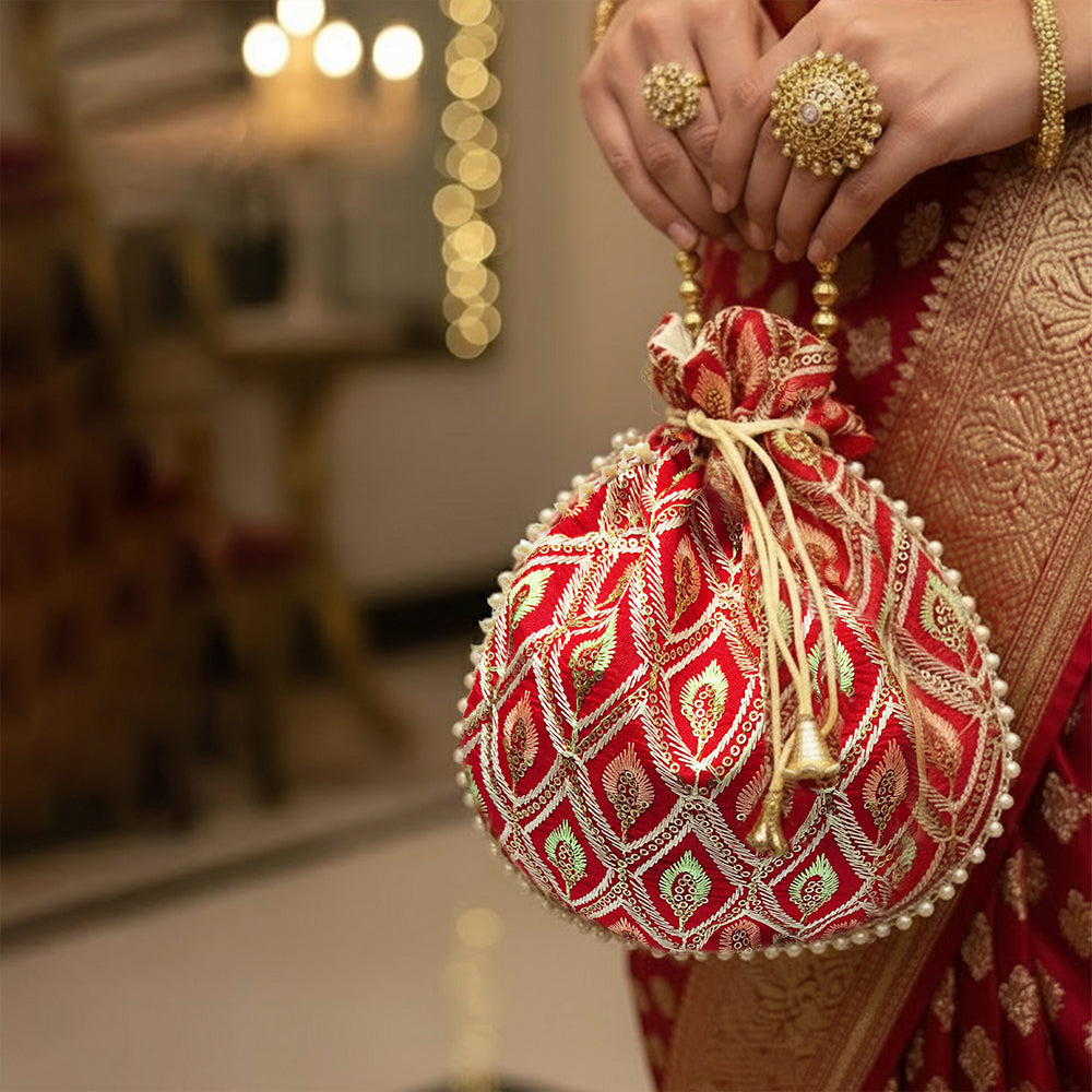 Embroidered Silk Potli Bag with Bead Embellishments