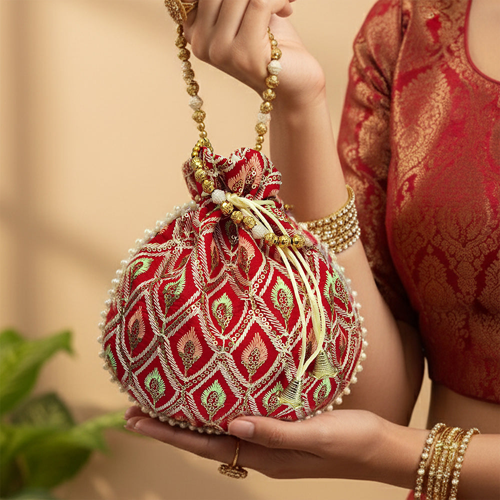 Embroidered Silk Potli Bag with Bead Embellishments
