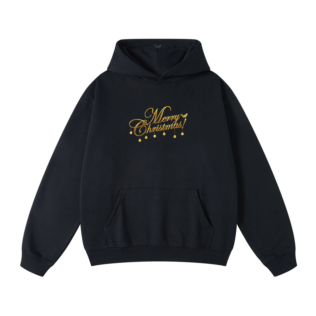 Black and gold festive Christmas hoodie with Tidings of Comfort and Joy print