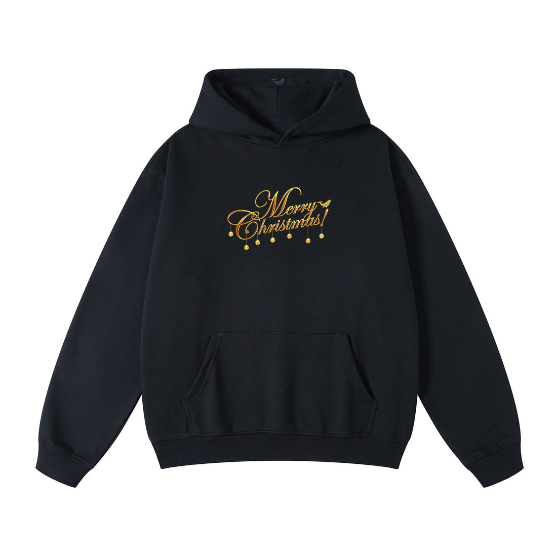 Black and gold festive Christmas hoodie with Tidings of Comfort and Joy print