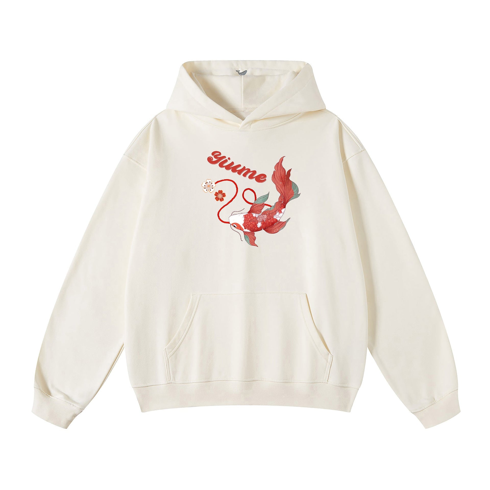 Red hoodie with artistic red carp graphic print featuring Eastern-inspired motifs