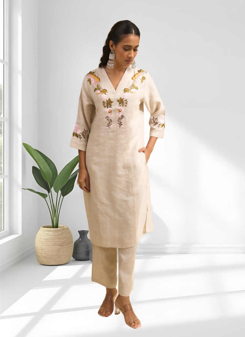 Beige Linen Embroidered Long Kurta With Pant - Festive Ethnic Wear