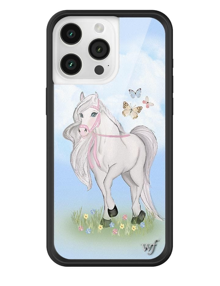 Precious Pony iPhone case featuring a white horse, butterflies, and flowers with a black protective bumper.