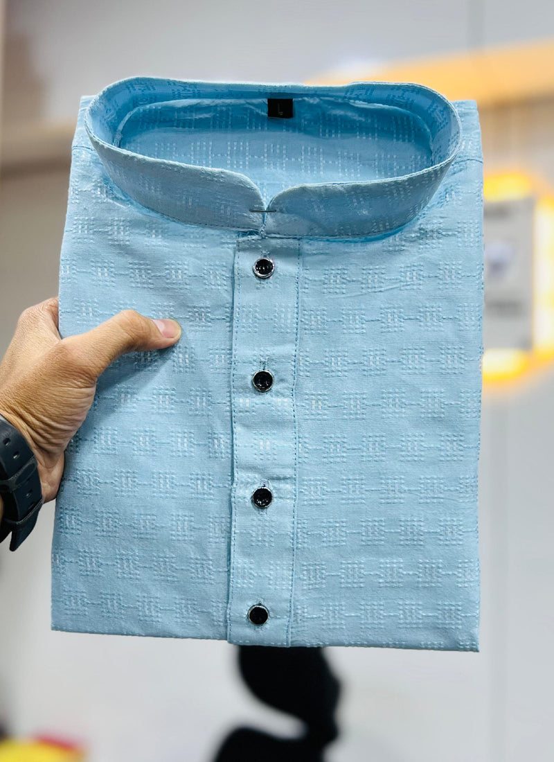 Sky Blue Soft Jacquard Kurta for Men with Self Buti Pattern
