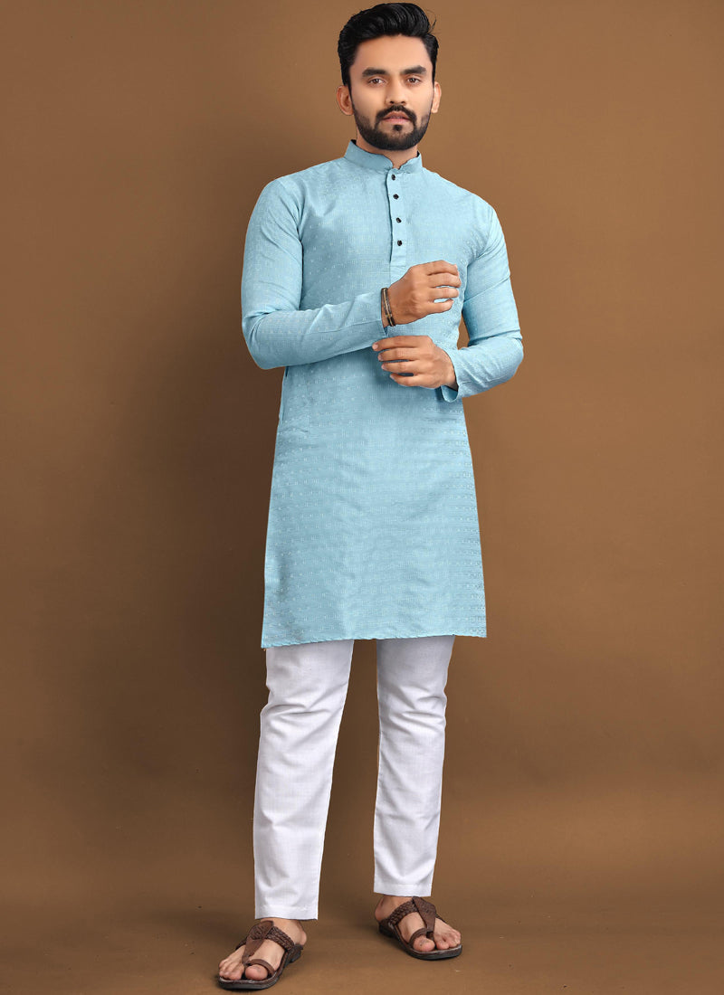 Close up of sky blue jacquard fabric with self buti texture for men's kurta