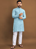 Close up of sky blue jacquard fabric with self buti texture for men's kurta