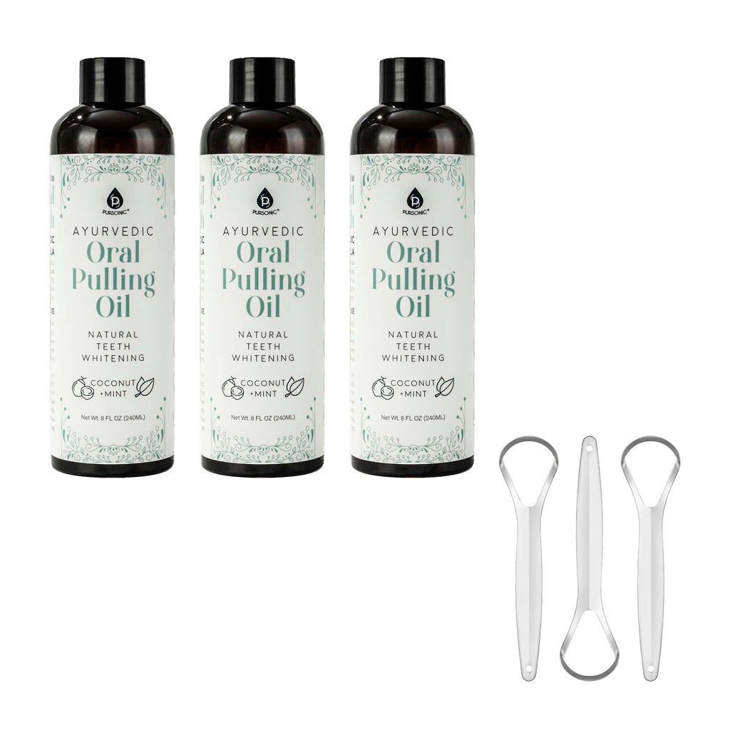 Pursonic Ayurvedic Oral Pulling Oil Bundle – 3-Pack with Tongue Scrapers for Natural Teeth Whitening, Fresh Breath & Holistic Oral Health
