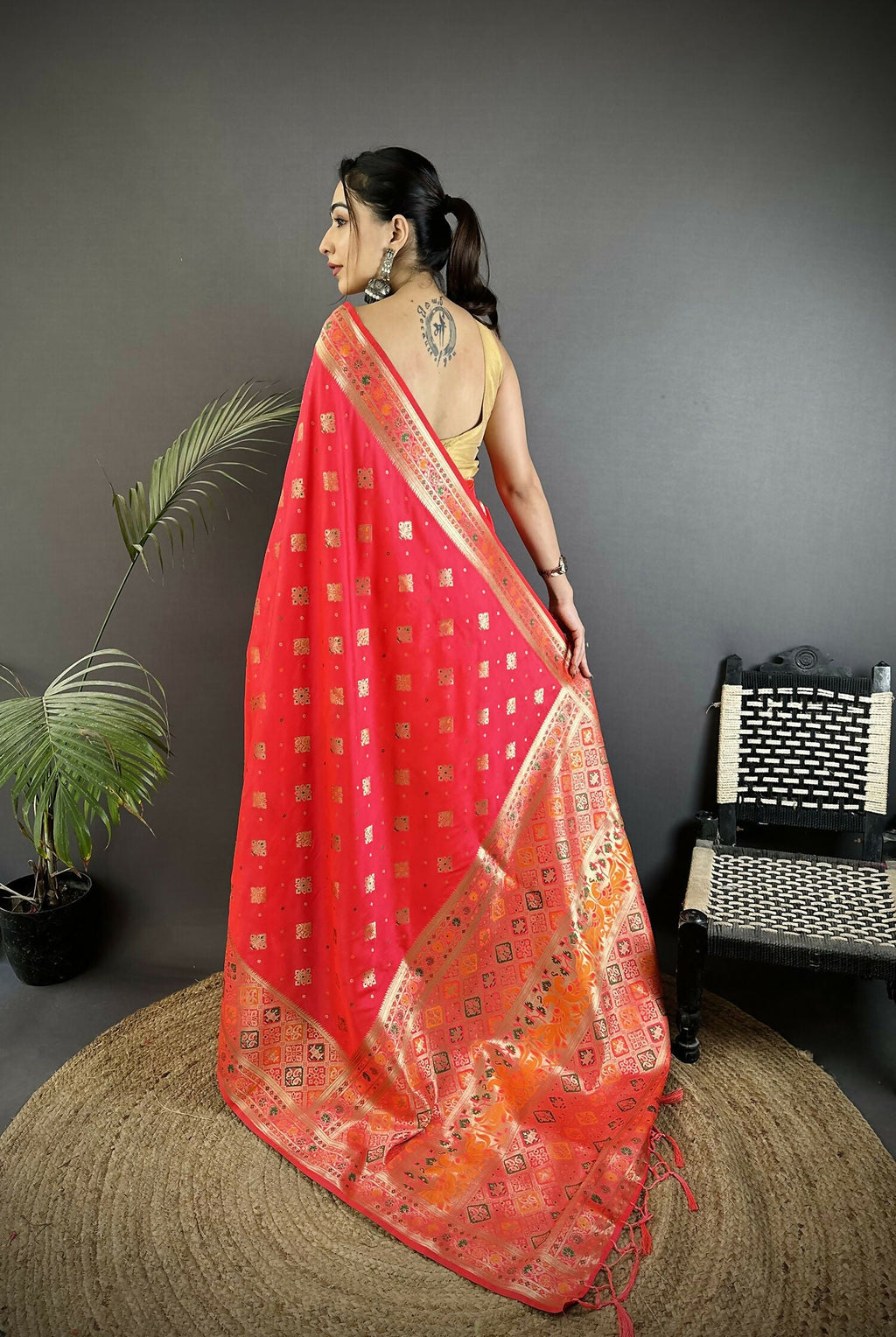 Rani Pink Geometric Pattern Soft Silk Patola Saree