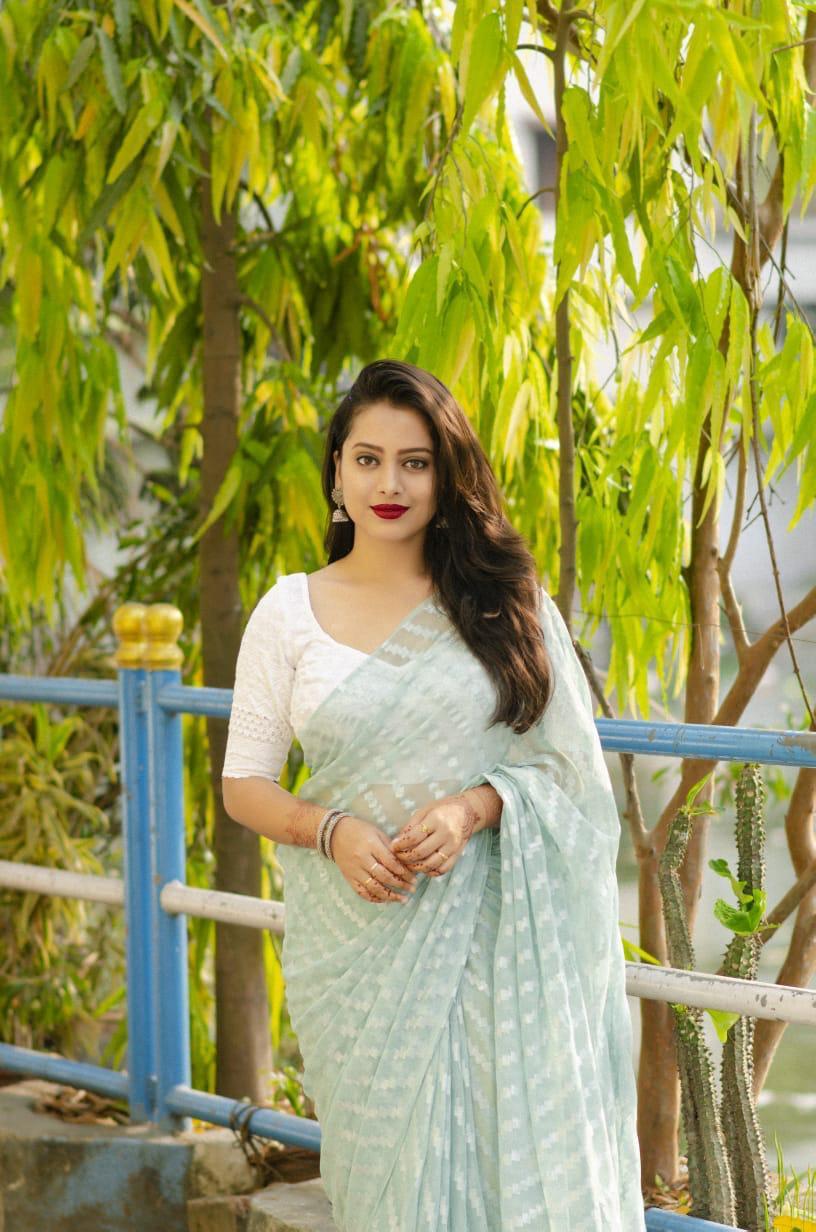 Blue Poly Chiffon Saree with Zari Lining and Lucknowi Blouse