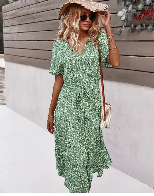 Women's Floral Midi Dress with V Neck and Tie Waist - Image 4