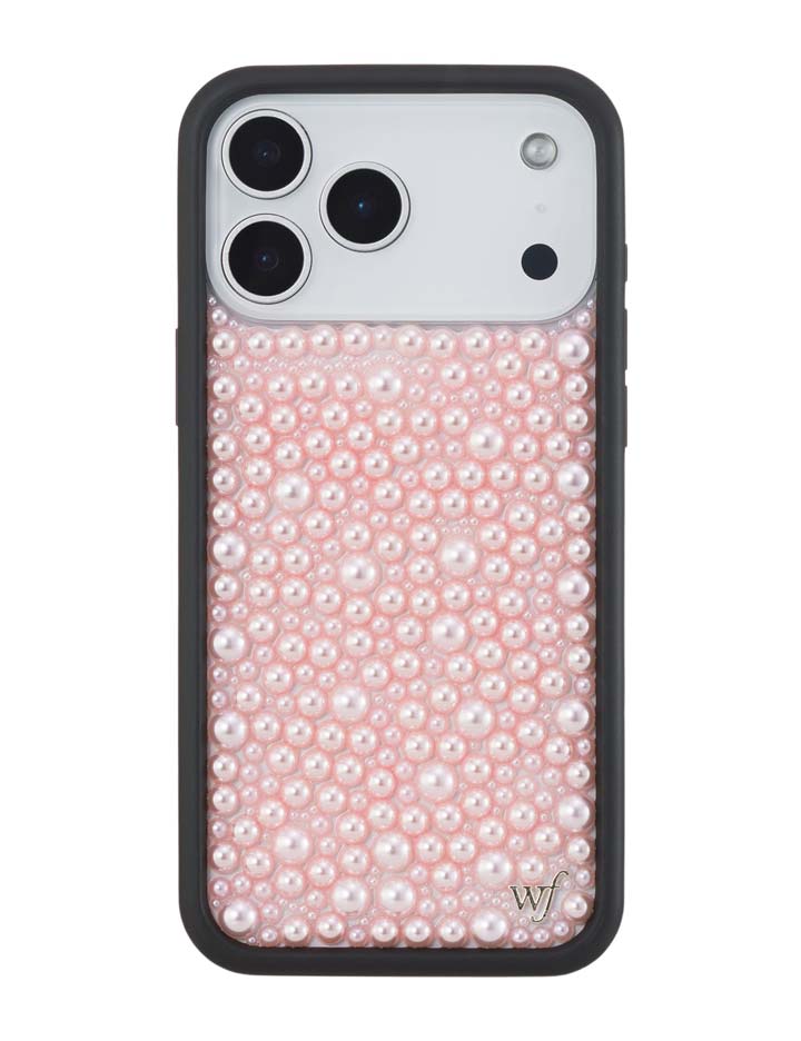 Pink iPhone case decorated with various sizes of luminous pink pearls and a black protective bumper frame.