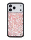 Pink iPhone case decorated with various sizes of luminous pink pearls and a black protective bumper frame.