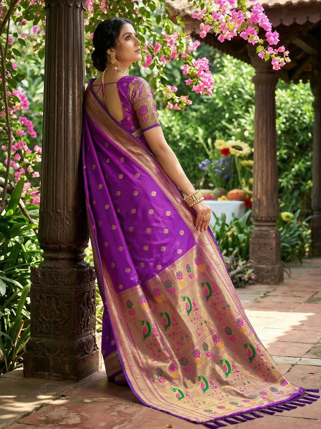 Purple Soft Silk Saree with Golden Blouse