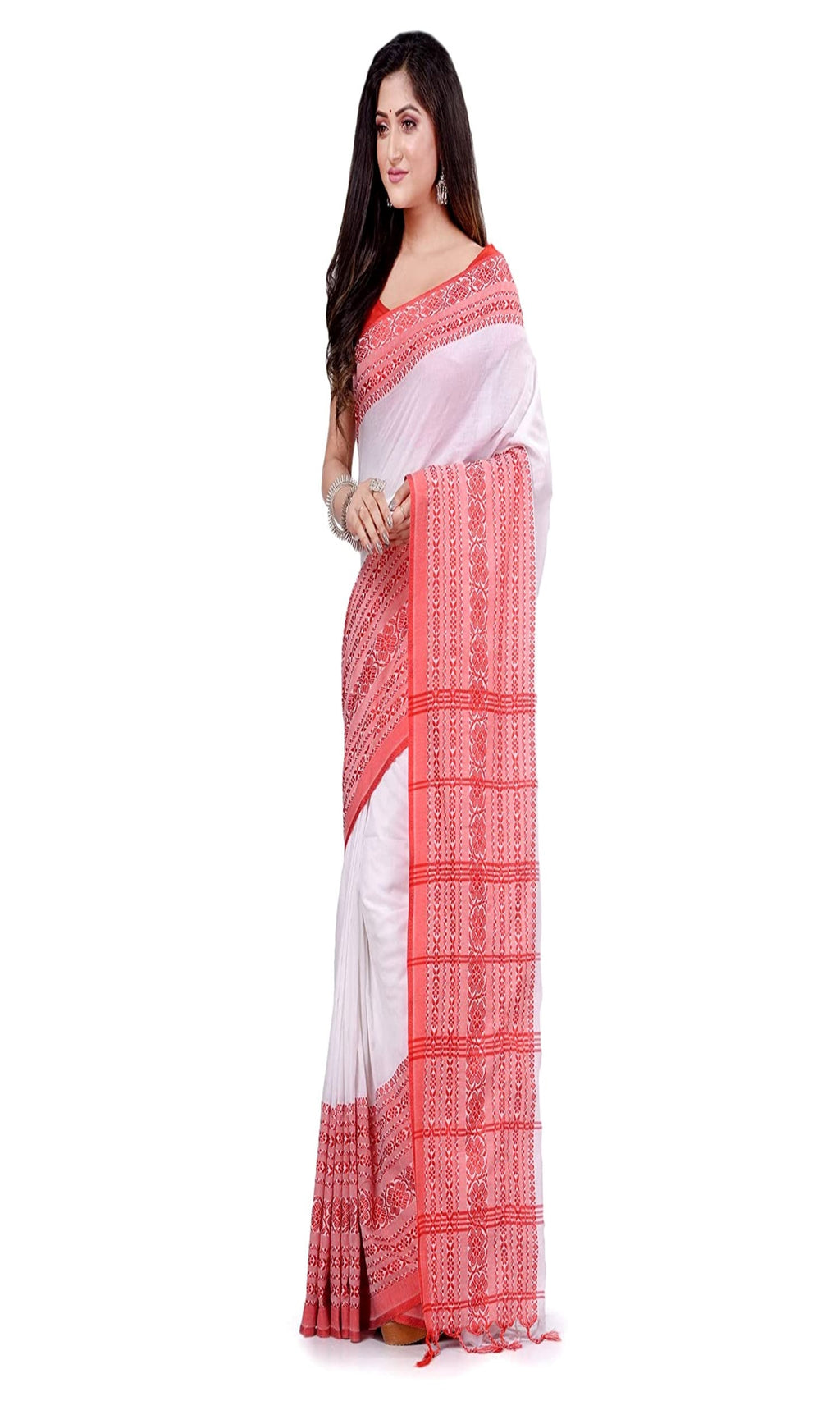 White handloom Begampuri cotton saree with traditional weave and lightweight drape