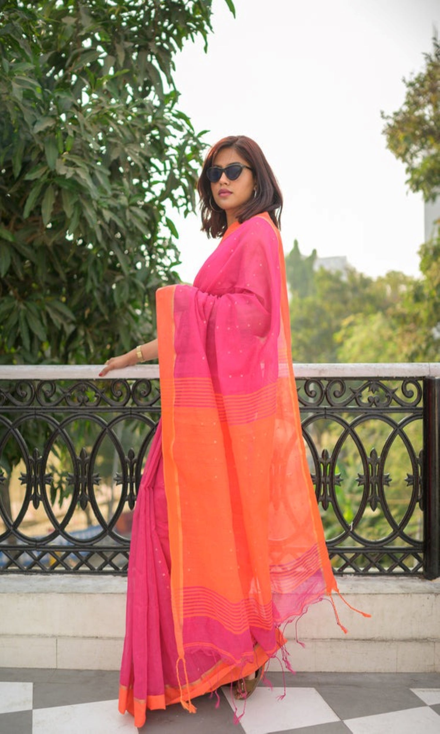 Rani Pink Handloom Cotton Blend Sequin Saree