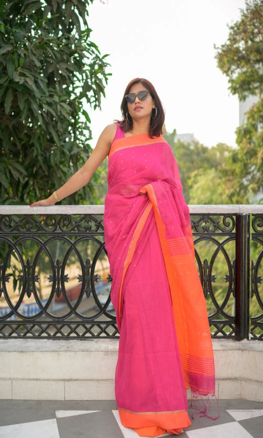Rani pink handloom cotton blend saree with sequin embellishments