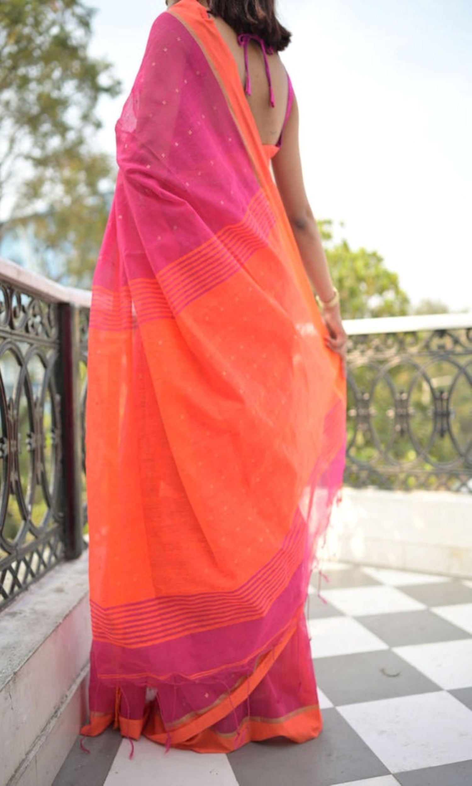 Rani Pink Handloom Cotton Blend Sequin Saree