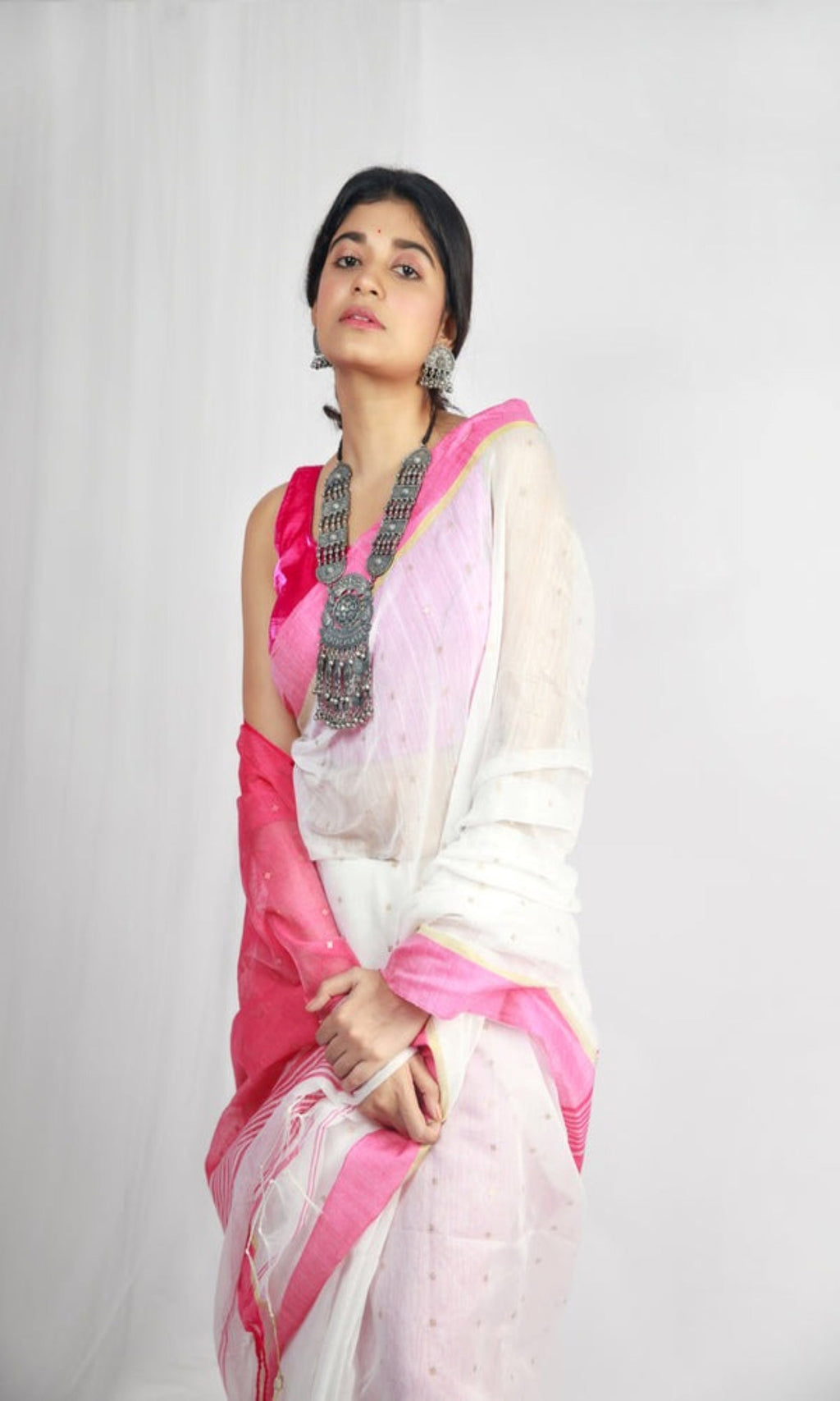White Handloom Cotton Blend Sequin Saree
