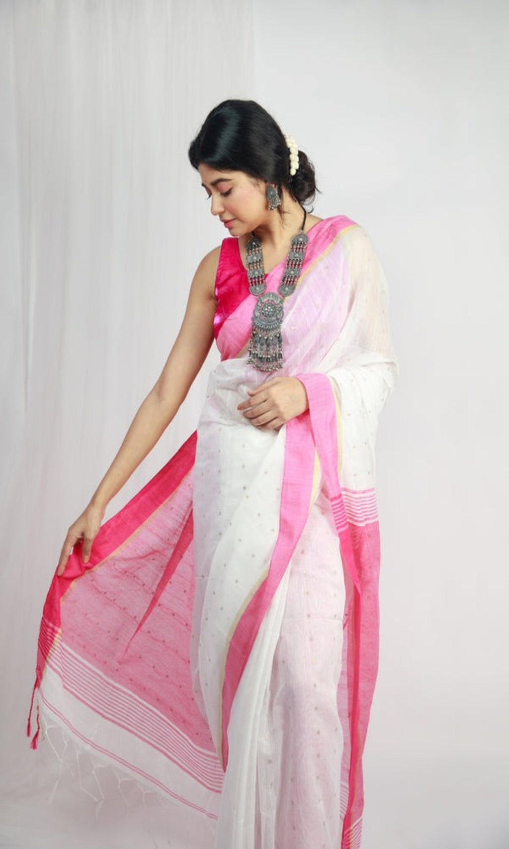 White Handloom Cotton Blend Sequin Saree