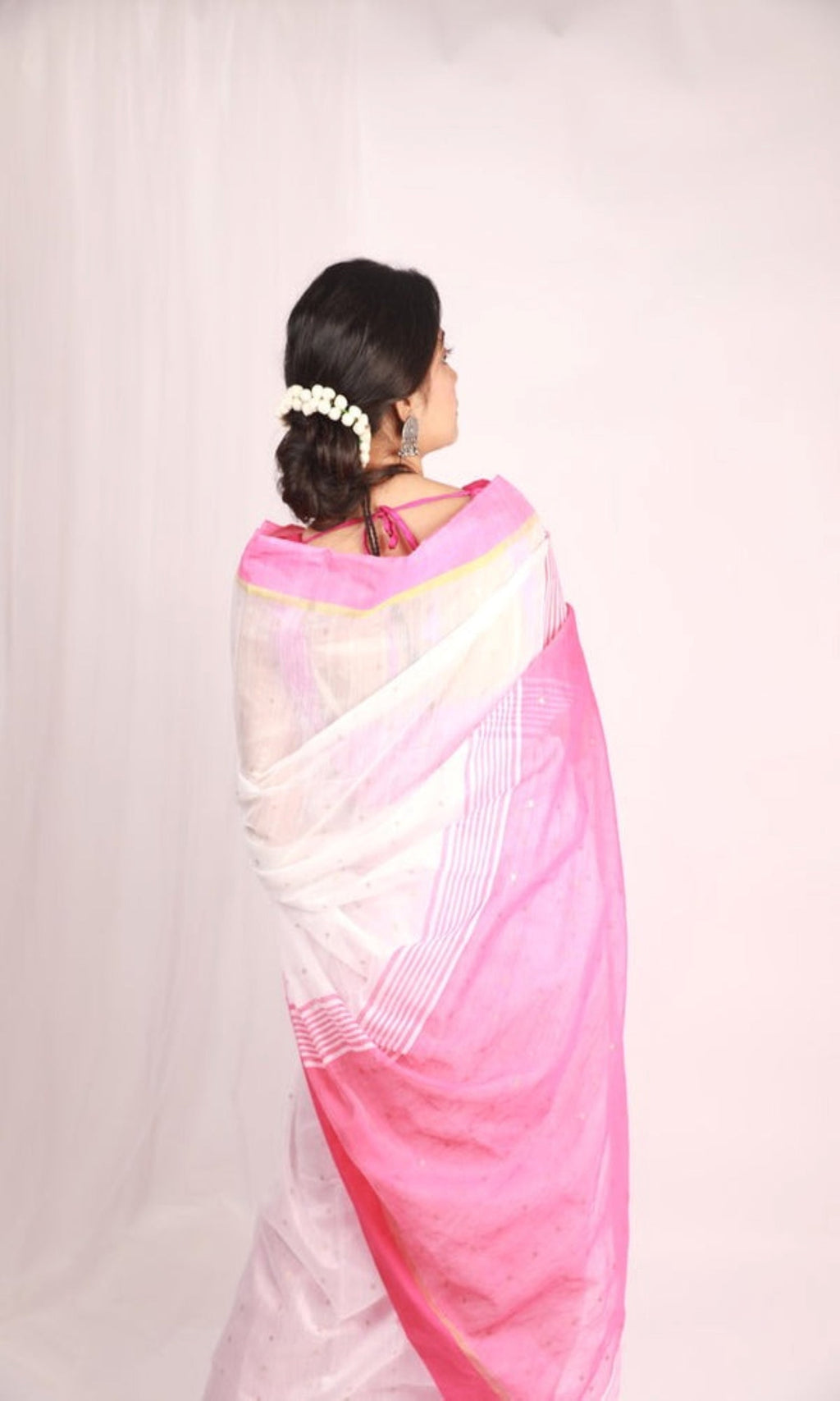 White Handloom Cotton Blend Sequin Saree