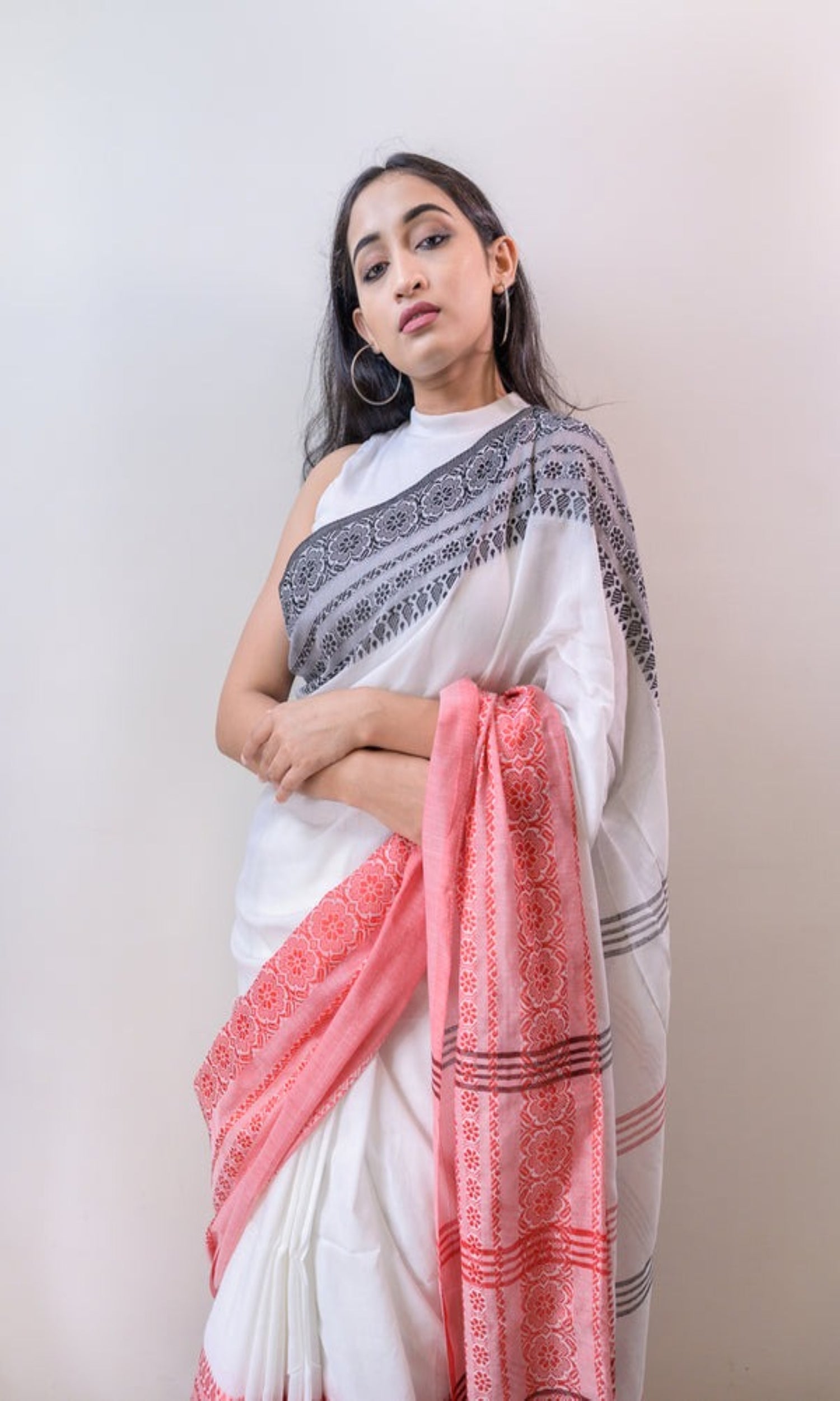 White Handloom Cotton Begampuri Saree for Daily Elegance