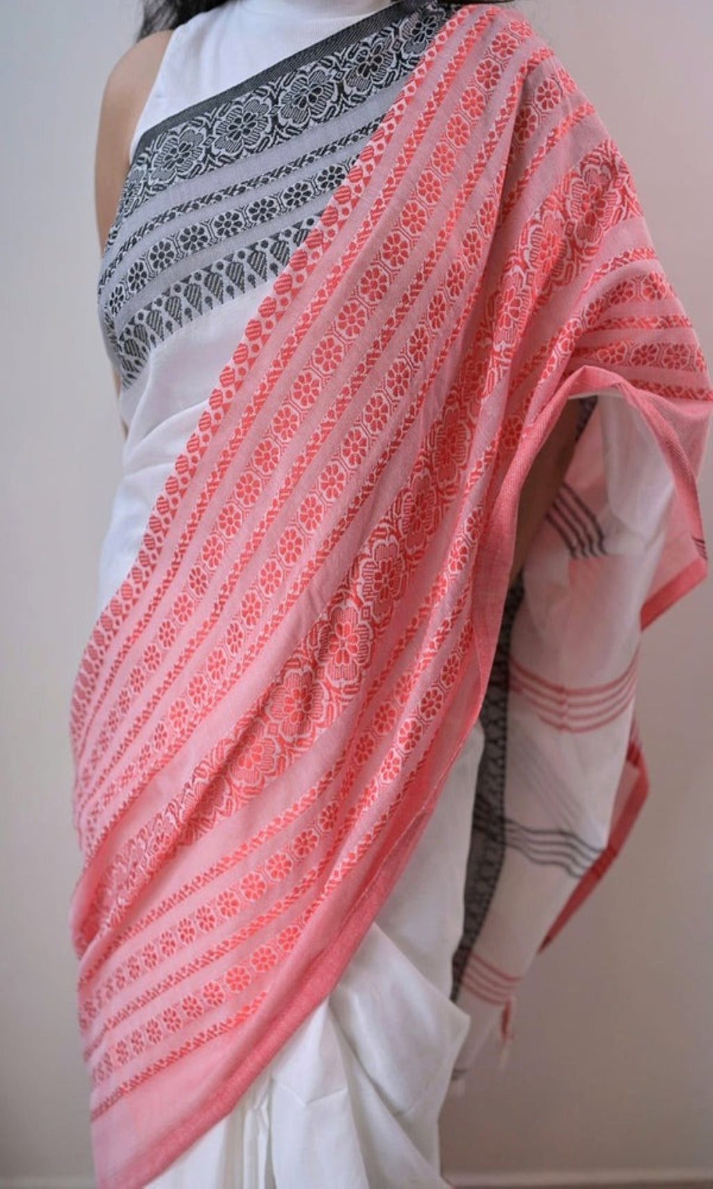 White Handloom Cotton Begampuri Saree for Daily Elegance