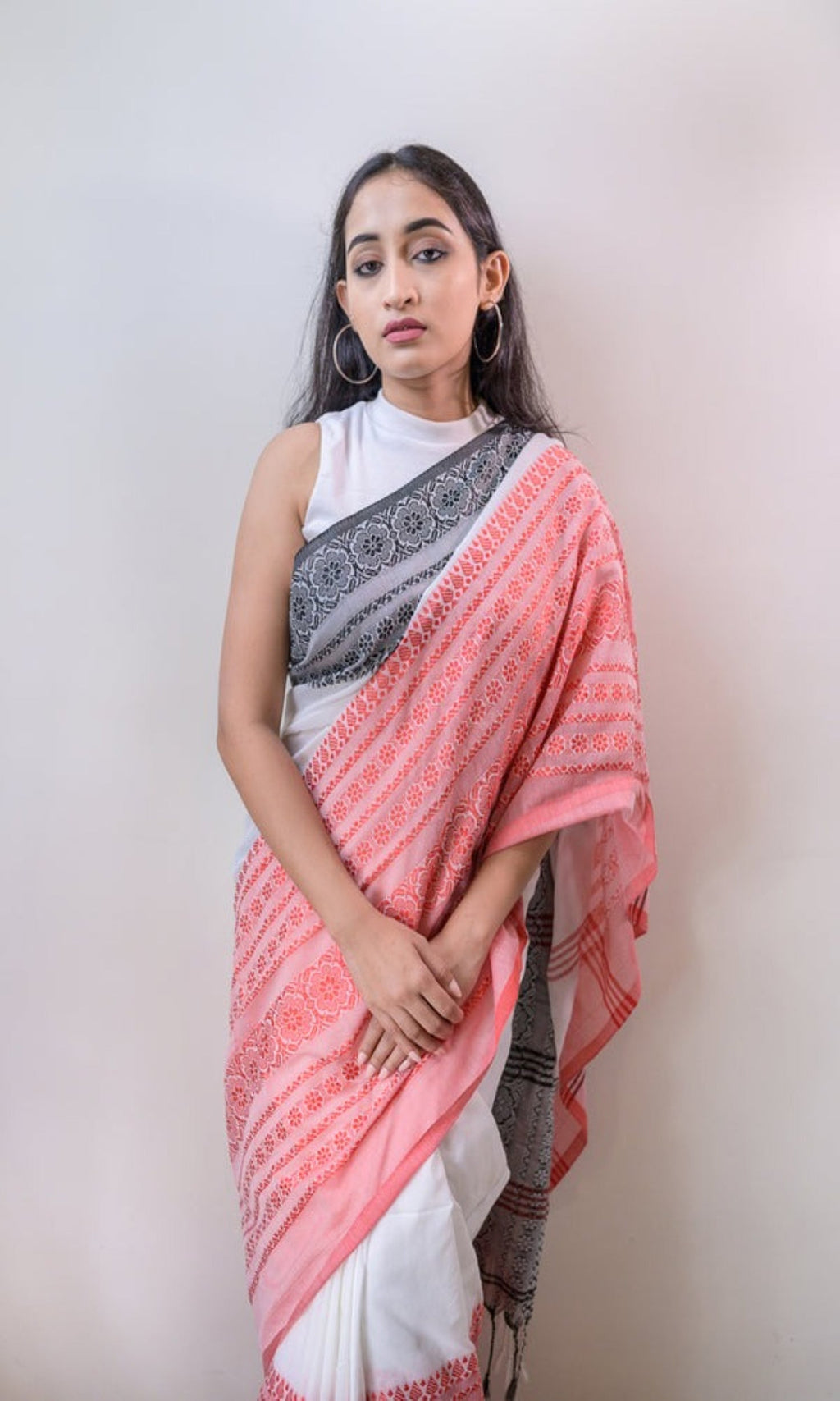 White Handloom Cotton Begampuri Saree for Daily Elegance