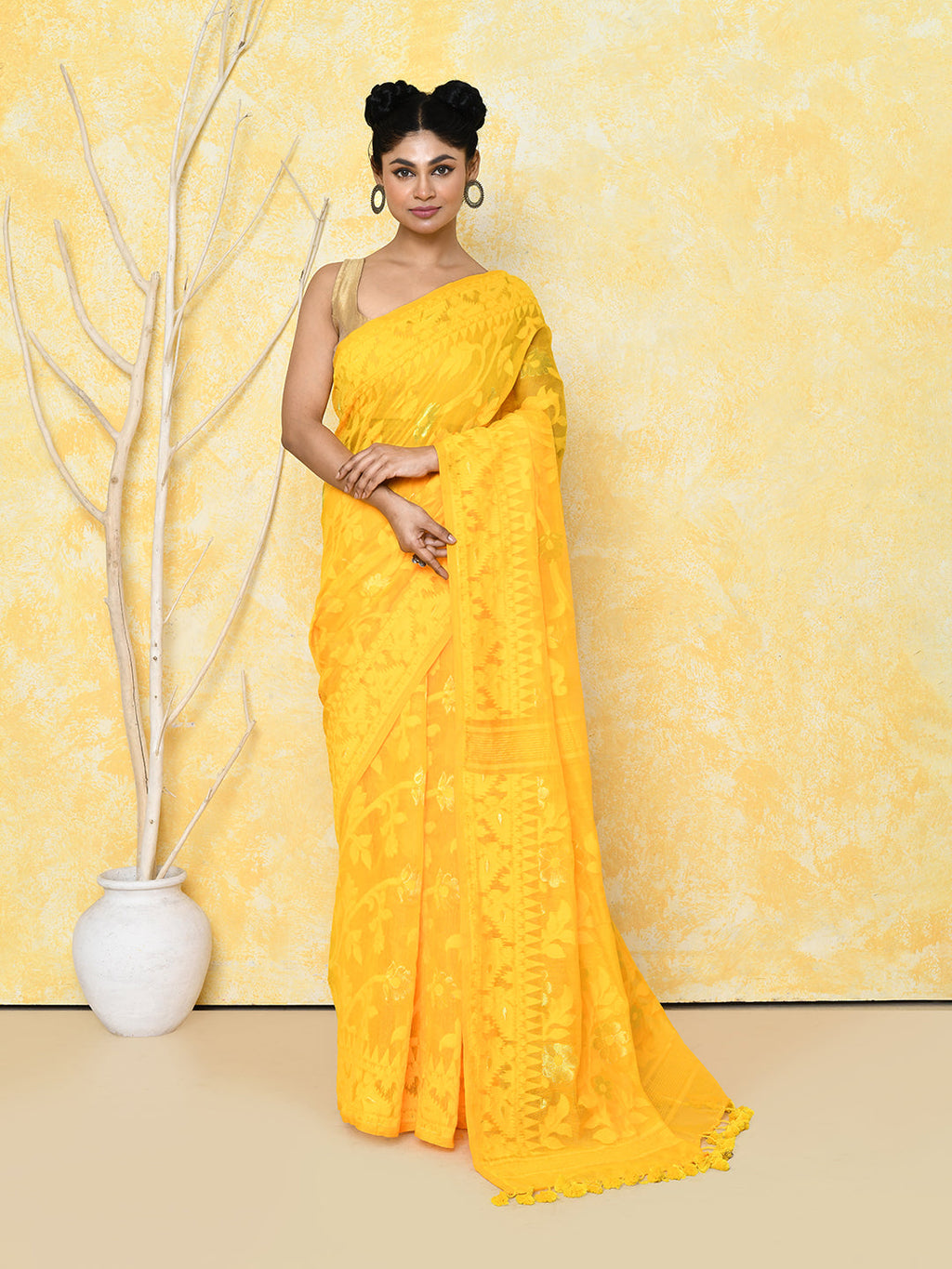 Yellow Cotton Silk Jamdani Saree with intricate handspun weave details