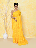 Yellow Cotton Silk Jamdani Saree with intricate handspun weave details